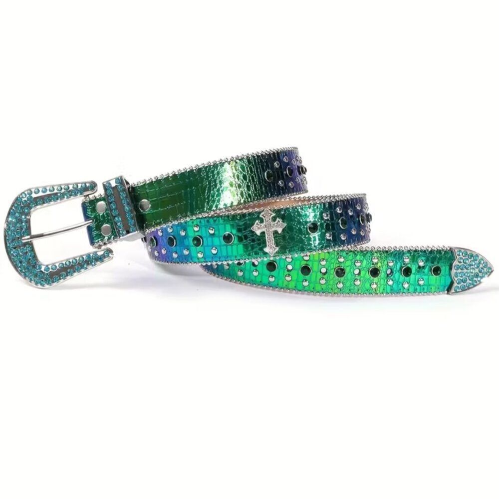 NWT Western Cowgirl Bling Rhinestone Belt Iridescent Green XL - Picture 3 of 5